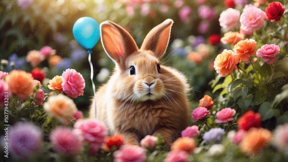 Sweet scene of a fluffy bunny nestled in a vibrant flower garden, joyfully holding a heart-shaped balloon, surrounded by enchanting blooms and soft sunlight, perfect for a romantic greeting Sweet scene of a fluffy bunny nestled in a vibrant flower garden, joyfully holding a heart-shaped balloon, surrounded by enchanting blooms and soft sunlight, perfect for a romantic greeting