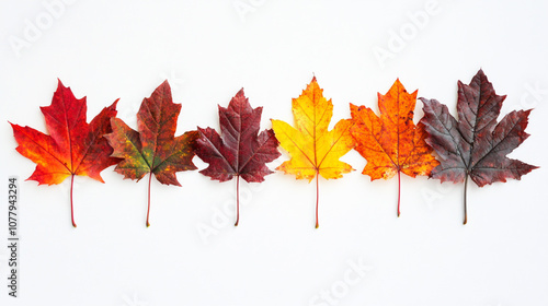 Colorful autumn leaves arranged in a line against a white background highlighting seasonal change