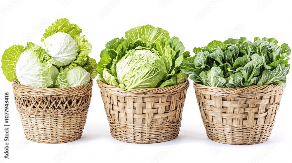 100.A collage of wicker baskets brimming with fresh Chinese cabbages, isolated on a clean white background. The crisp, pale green leaves of the cabbages are prominently displayed, contrasting with 100.A collage of wicker baskets brimming with fresh Chinese cabbages, isolated on a clean white background. The crisp, pale green leaves of the cabbages are prominently displayed, contrasting with