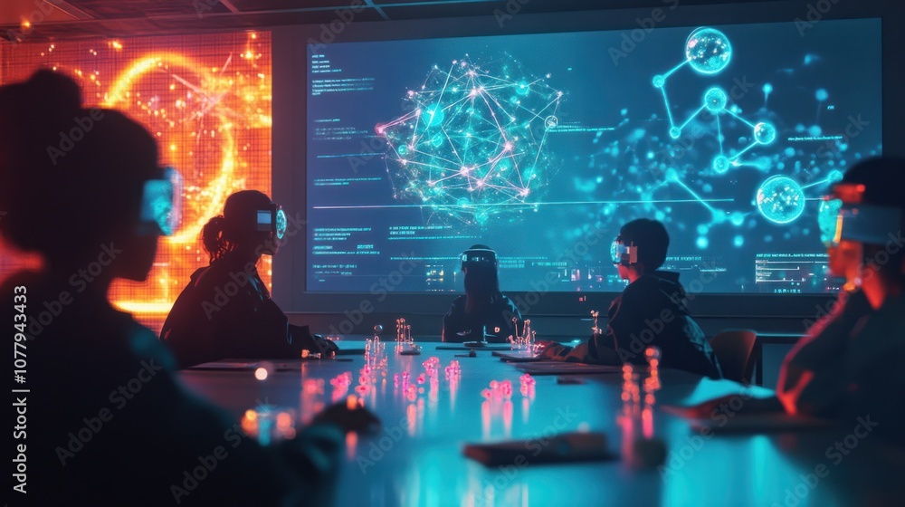 A group of individuals in virtual reality headsets engaged in a tech-focused meeting. A group of individuals in virtual reality headsets engaged in a tech-focused meeting.