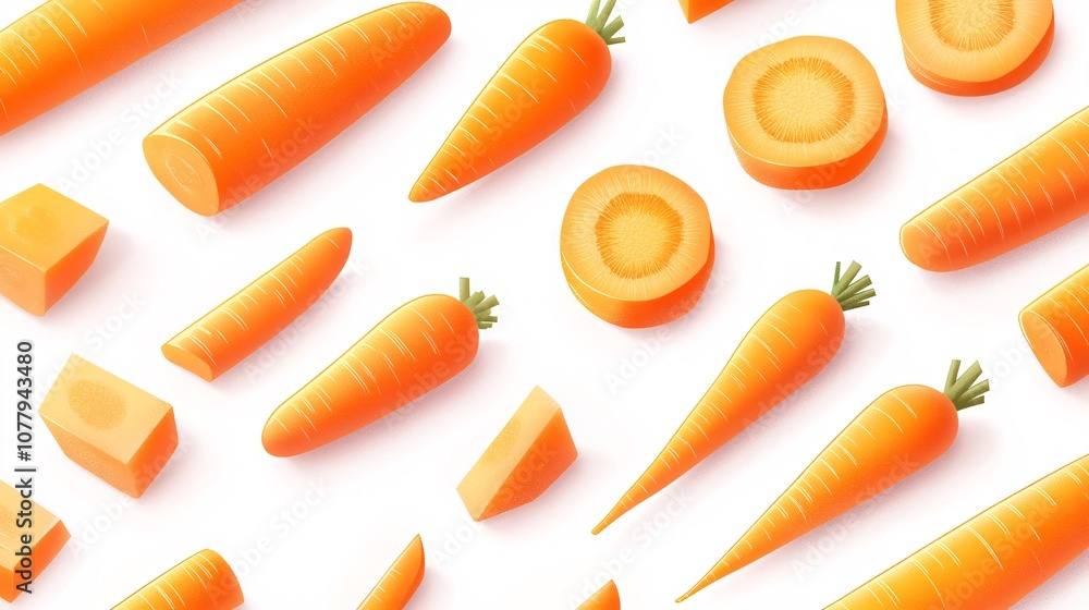 14.A collection of carrot illustrations showing a variety of styles, including whole carrots, carrot slices, and diced pieces, all displayed on a white background. The bright orange color is 14.A collection of carrot illustrations showing a variety of styles, including whole carrots, carrot slices, and diced pieces, all displayed on a white background. The bright orange color is