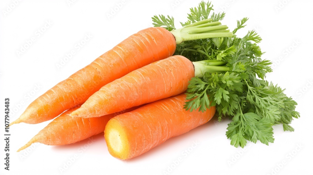 7.A collection of fresh whole carrots with green leaves, laid out on a white background. The vibrant orange roots are smooth and shiny, while the green leaves fan out in a lush, organic display, 7.A collection of fresh whole carrots with green leaves, laid out on a white background. The vibrant orange roots are smooth and shiny, while the green leaves fan out in a lush, organic display,