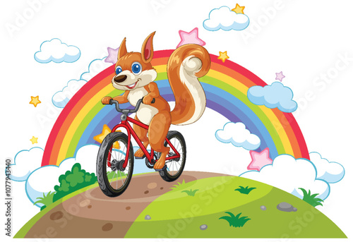 Squirrel Riding Bike Under Rainbow