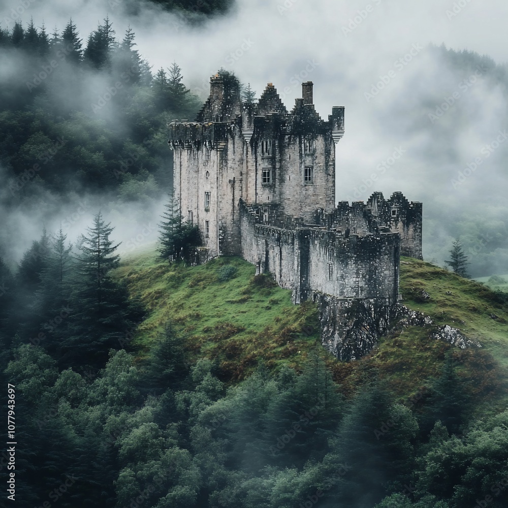 A majestic stone castle sits atop a misty, green hill surrounded by a forest. A majestic stone castle sits atop a misty, green hill surrounded by a forest.