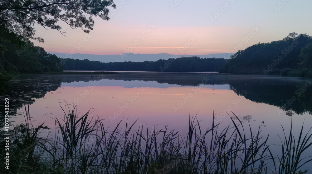 Fototapeta premium Twilight sky over a calm lake, the water reflecting the fading colors as night begins to settle in