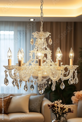 Crystal chandelier hanging in an elegant living room photo