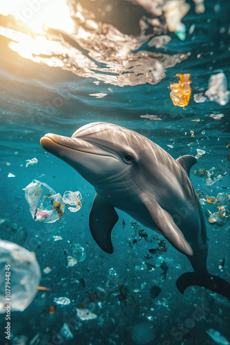 A dolphin swimming through polluted waters with floating plastic around photo