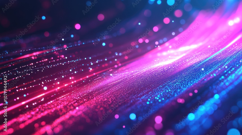 A vibrant abstract background with flowing light trails and sparkling particles in pink and blue. A vibrant abstract background with flowing light trails and sparkling particles in pink and blue.