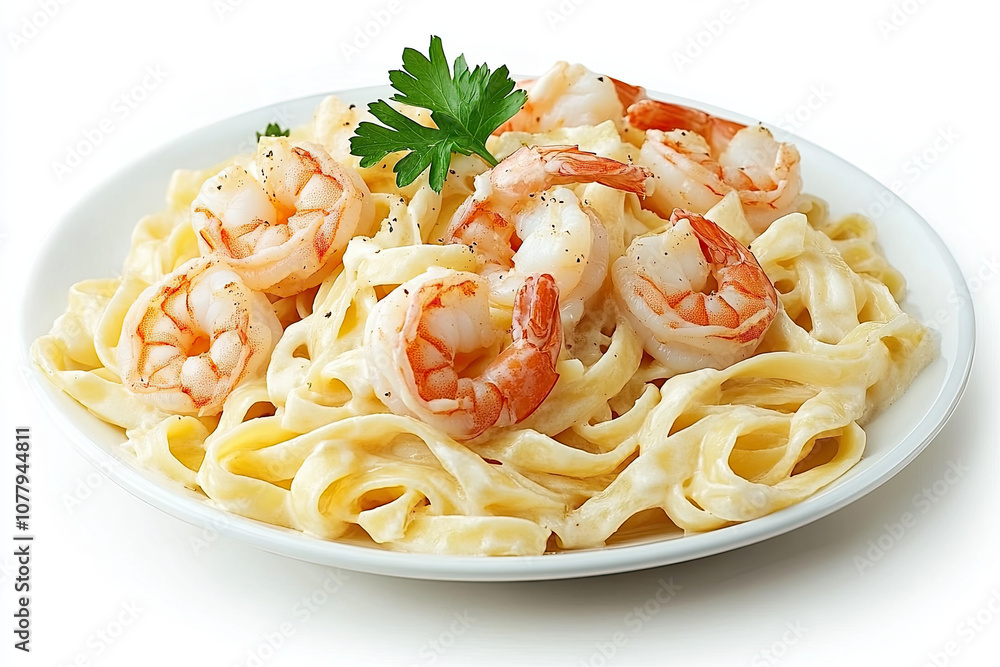 A delicious plate of fettuccine alfredo with succulent shrimp, set on a transparent background for versatile design use A delicious plate of fettuccine alfredo with succulent shrimp, set on a transparent background for versatile design use