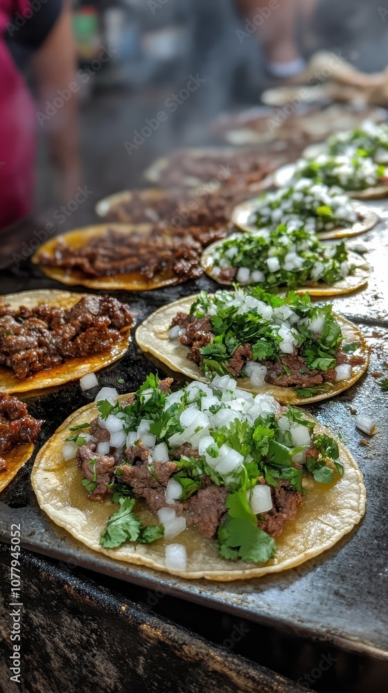 Sizzling carne asada tacos with fresh cilantro and onions at a lively street stall Sizzling carne asada tacos with fresh cilantro and onions at a lively street stall
