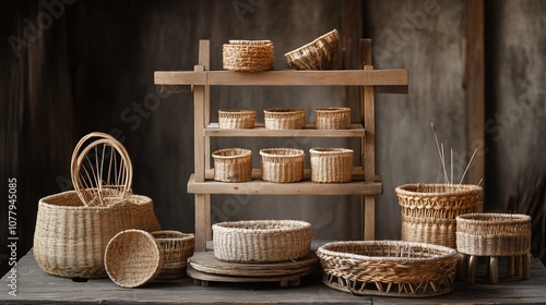 A collection of woven wicker baskets of various shapes and sizes arranged on a wooden table and shelf.