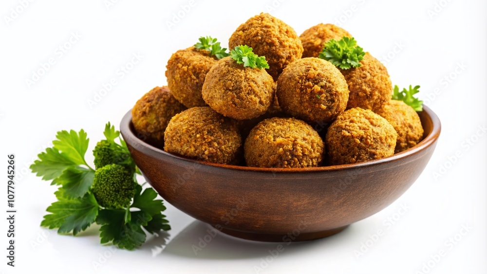 Delicious Bowl of Falafel Balls Garnished with Fresh Parsley on a White Background, Perfect for Healthy Food Promotions and Culinary Blogs Delicious Bowl of Falafel Balls Garnished with Fresh Parsley on a White Background, Perfect for Healthy Food Promotions and Culinary Blogs