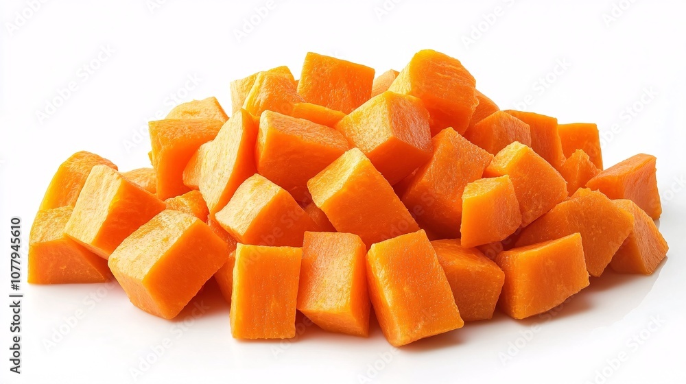 1.A pile of freshly diced carrot cubes, isolated on a clean white background. The bright orange cubes are evenly chopped, creating a neat pile with sharp edges and a vibrant color. The texture of the 1.A pile of freshly diced carrot cubes, isolated on a clean white background. The bright orange cubes are evenly chopped, creating a neat pile with sharp edges and a vibrant color. The texture of the