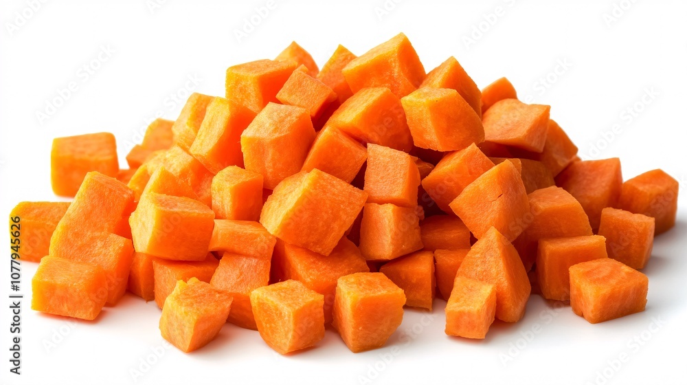 1.A pile of freshly diced carrot cubes, isolated on a clean white background. The bright orange cubes are evenly chopped, creating a neat pile with sharp edges and a vibrant color. The texture of the 1.A pile of freshly diced carrot cubes, isolated on a clean white background. The bright orange cubes are evenly chopped, creating a neat pile with sharp edges and a vibrant color. The texture of the