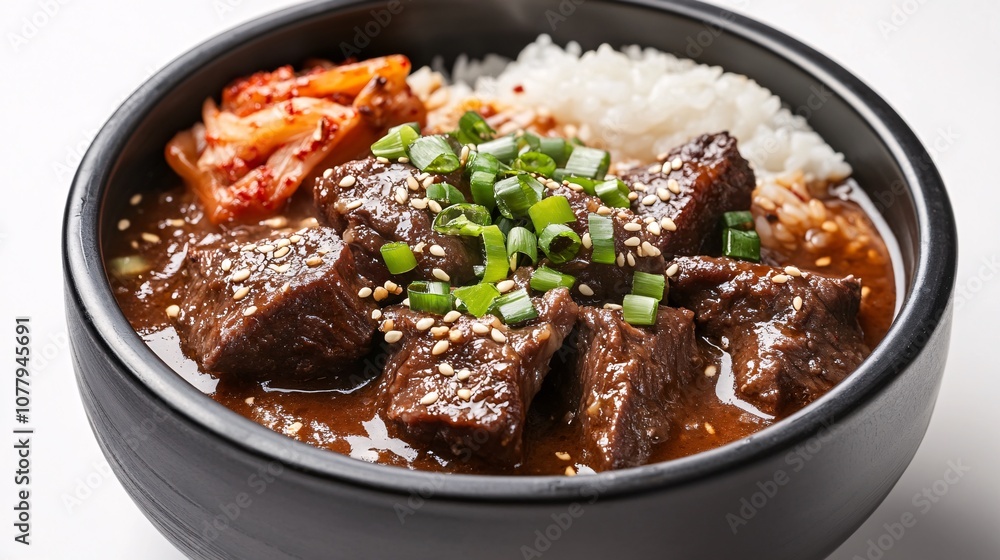 64.A beautifully presented bowl of Galbi gukbap, featuring a rich broth with tender beef ribs and soft rice. The soup is garnished with fresh green onions and sesame seeds, while a side of kimchi and 64.A beautifully presented bowl of Galbi gukbap, featuring a rich broth with tender beef ribs and soft rice. The soup is garnished with fresh green onions and sesame seeds, while a side of kimchi and