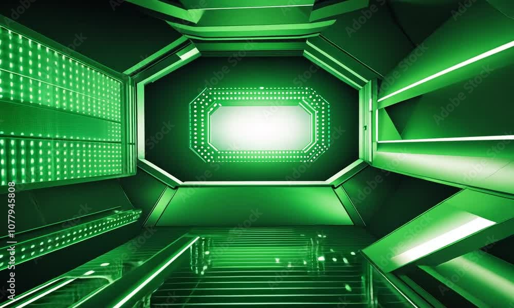 Futuristic green hallway with bright glowing lights and an empty space at the end. Futuristic green hallway with bright glowing lights and an empty space at the end.