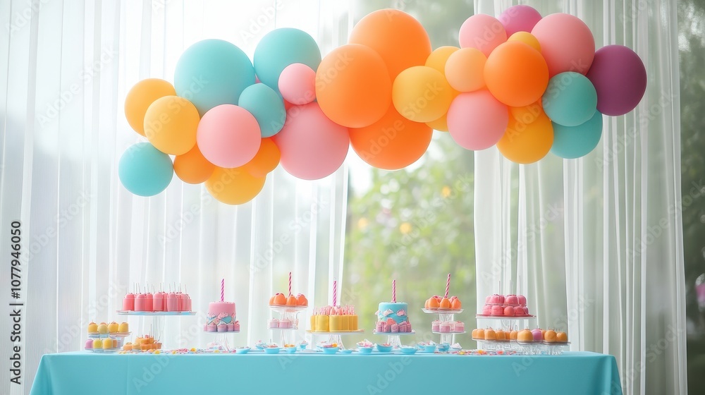 A colorful party setup featuring vibrant balloons and sweet treats, perfect for celebrations and joyful gatherings. A colorful party setup featuring vibrant balloons and sweet treats, perfect for celebrations and joyful gatherings.