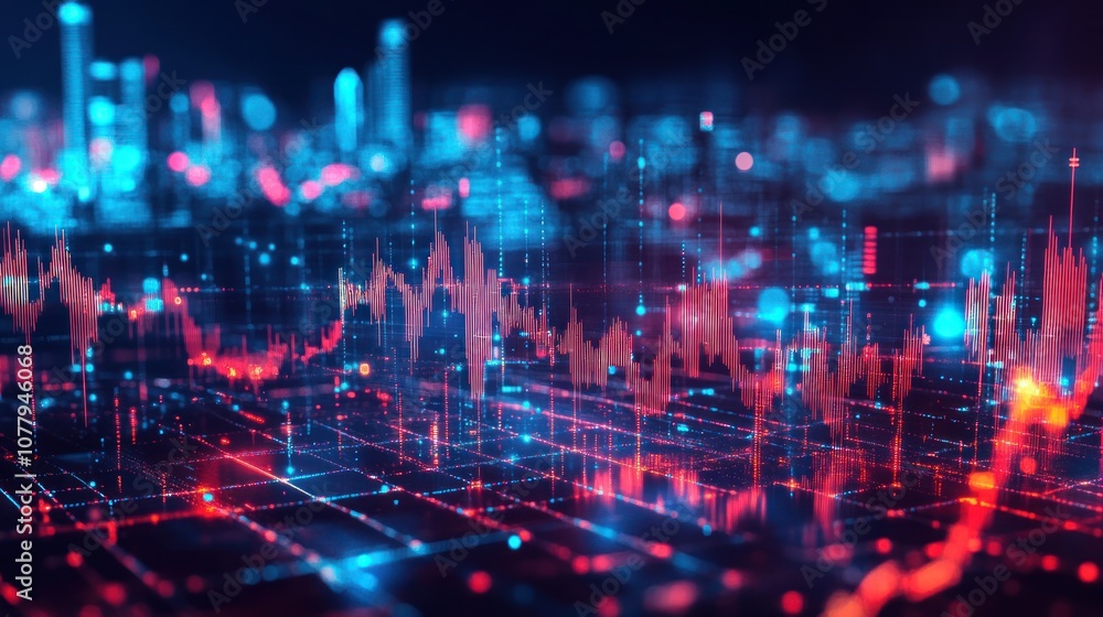 Obraz premium Abstract digital visualization of data trends with vibrant colors and grid patterns.