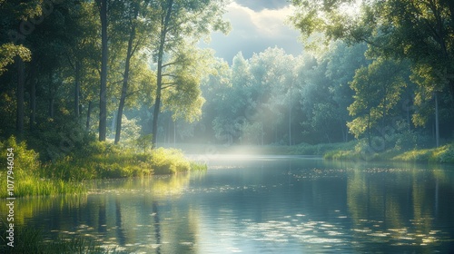 Serene forest landscape with a tranquil river and soft sunlight.