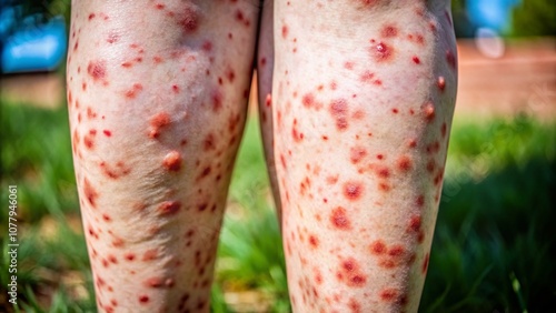 Detailed Close-Up of Petechiae on Legs Demonstrating Skin Conditions and Health Issues with Focus on Blood Vessels and Dermatological Symptoms in High Depth of Field photo