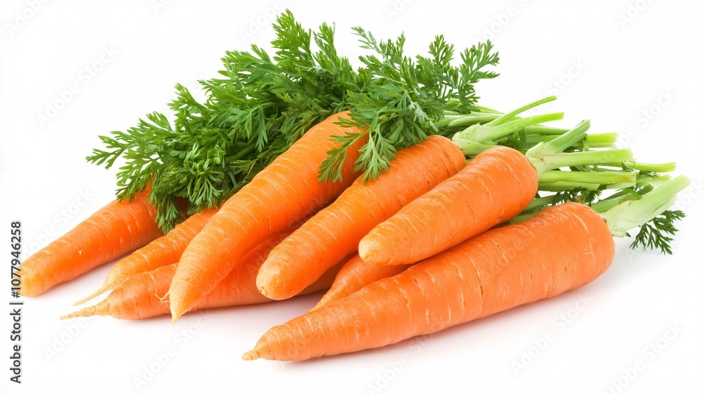9.A set of whole, fresh carrots with their green leafy tops still attached, isolated on a white background. The bright orange roots are smooth and evenly shaped, with the rich green tops adding a 9.A set of whole, fresh carrots with their green leafy tops still attached, isolated on a white background. The bright orange roots are smooth and evenly shaped, with the rich green tops adding a