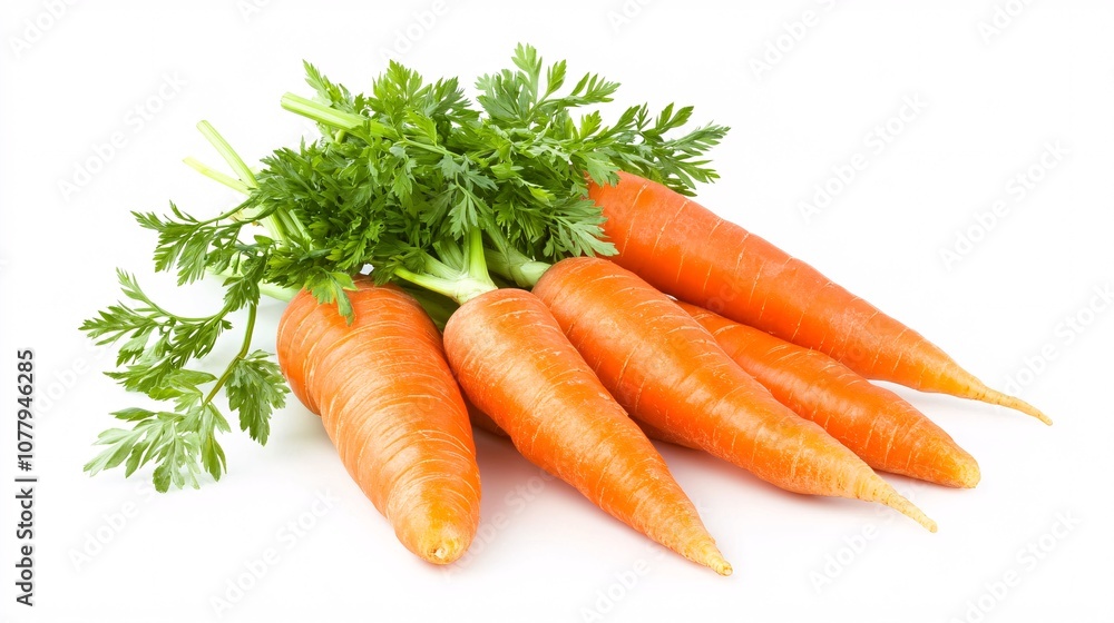 9.A set of whole, fresh carrots with their green leafy tops still attached, isolated on a white background. The bright orange roots are smooth and evenly shaped, with the rich green tops adding a 9.A set of whole, fresh carrots with their green leafy tops still attached, isolated on a white background. The bright orange roots are smooth and evenly shaped, with the rich green tops adding a