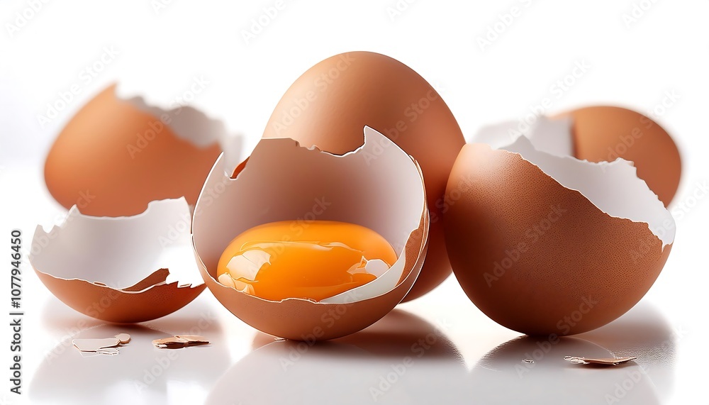 A cracked brown eggshell with a runny yolk, isolated on a white background A cracked brown eggshell with a runny yolk, isolated on a white background