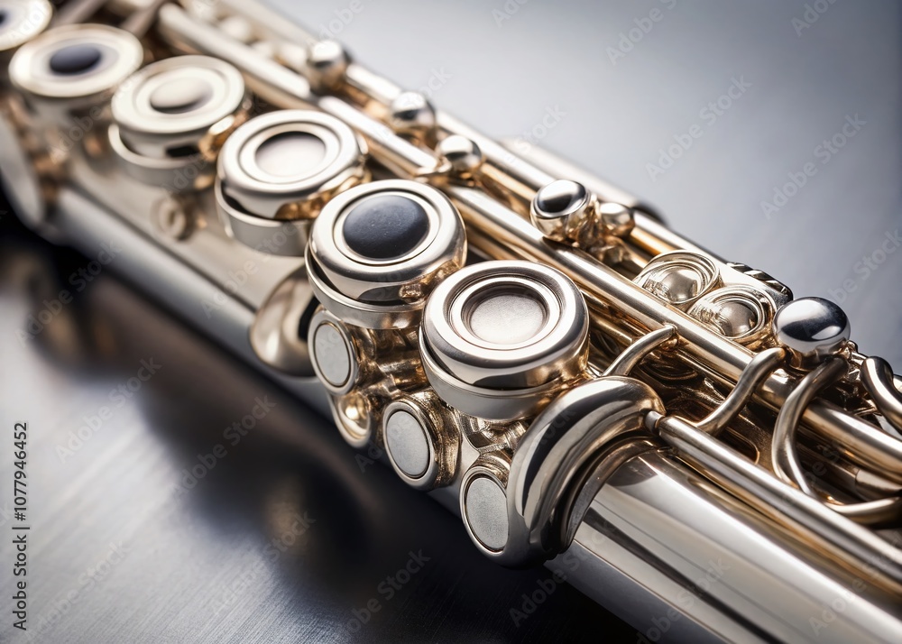 Fototapeta premium Discovering the Elegance of the Silver Flute: A Close-Up Architectural Photography Exploration of Its Beautiful Design and Craftsmanship in Musical Instruments