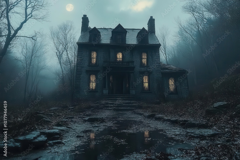 spooky haunted house nestled in the woods bathed in moonlight surrounded by dark trees evoking an atmosphere of mystery and eeriness perfect for halloween storytelling spooky haunted house nestled in the woods bathed in moonlight surrounded by dark trees evoking an atmosphere of mystery and eeriness perfect for halloween storytelling