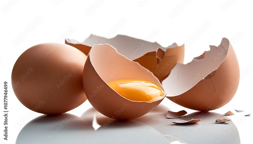 A cracked brown eggshell with a runny yolk, isolated on a white background A cracked brown eggshell with a runny yolk, isolated on a white background