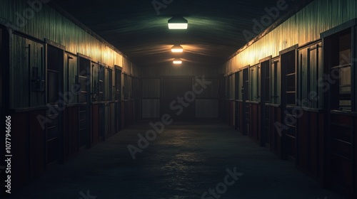 A dimly lit corridor with multiple doors, suggesting an eerie or abandoned environment.