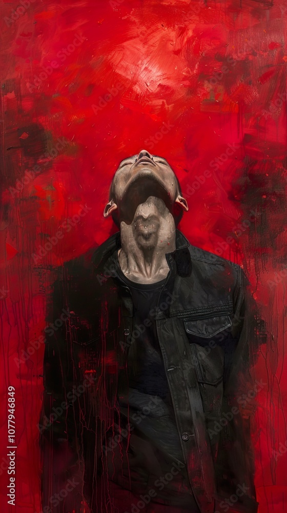 Intense Gaze: A Man Looking Up Against a Red Background Intense Gaze: A Man Looking Up Against a Red Background