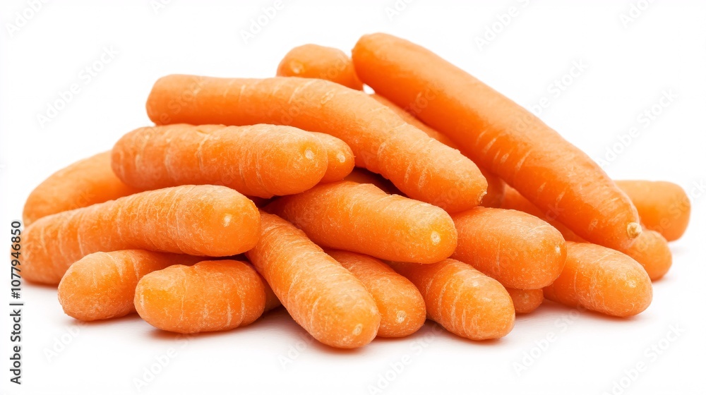 25.A small pile of baby carrots displayed on a white background. The bright orange carrots are neatly stacked, with their smooth surfaces and vibrant color creating a fresh, healthy image of this 25.A small pile of baby carrots displayed on a white background. The bright orange carrots are neatly stacked, with their smooth surfaces and vibrant color creating a fresh, healthy image of this