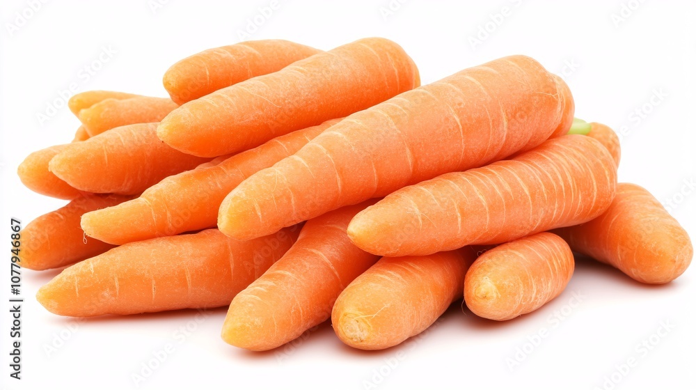 25.A small pile of baby carrots displayed on a white background. The bright orange carrots are neatly stacked, with their smooth surfaces and vibrant color creating a fresh, healthy image of this 25.A small pile of baby carrots displayed on a white background. The bright orange carrots are neatly stacked, with their smooth surfaces and vibrant color creating a fresh, healthy image of this