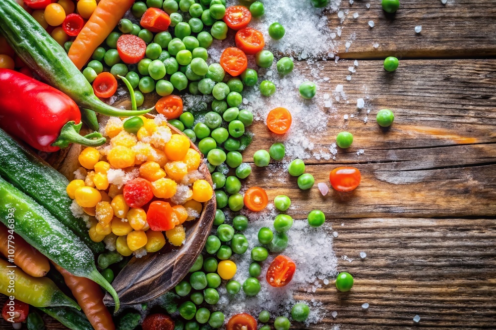 Double Exposure Photography of Frozen Vegetables on a Wooden Background with Corn, Peas, Peppers, and Carrots, Featuring Space for Text and a Visual Feast of Colors and Textures Double Exposure Photography of Frozen Vegetables on a Wooden Background with Corn, Peas, Peppers, and Carrots, Featuring Space for Text and a Visual Feast of Colors and Textures