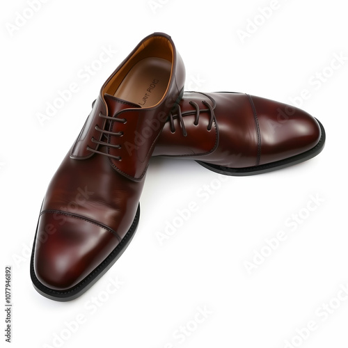 Elegant brown leather men's shoes placed on white background