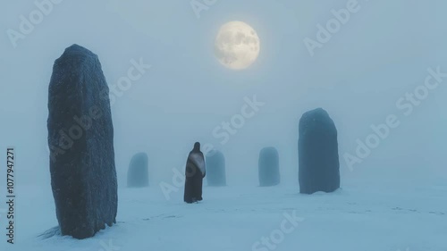 Druid worship at the centre of Stone Circle at night with full moon. Pagan New Year, winter equinox. Wiccan religion. Mystical magic ritual in fantasy stone temple for celebrating Yule photo