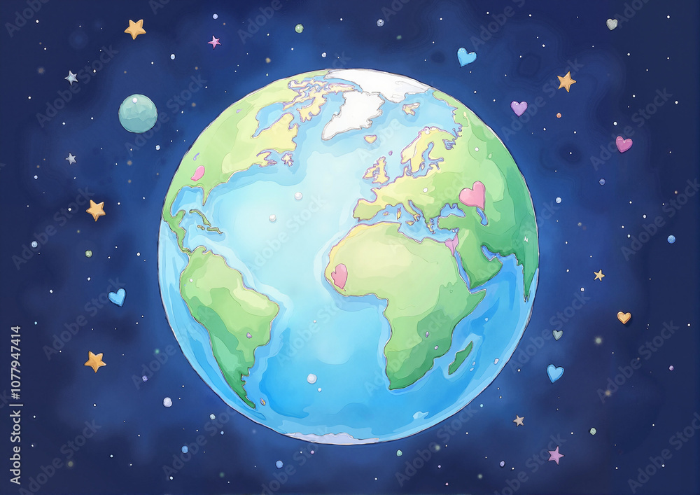 Naklejka premium Illustrated Earth with stars and hearts in outer space