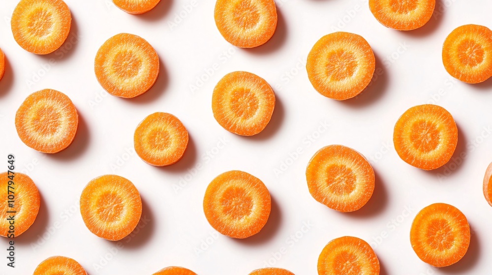 30.A top view of whole carrots and perfectly round carrot slices scattered on a white background. The bright orange slices are evenly cut, showing the internal texture, while the smooth whole carrots 30.A top view of whole carrots and perfectly round carrot slices scattered on a white background. The bright orange slices are evenly cut, showing the internal texture, while the smooth whole carrots