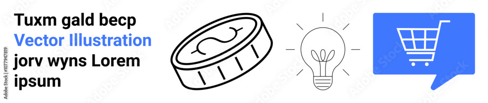 Black coin, lit light bulb, and blue shopping cart in speech bubble. Ideal for finance, innovation, e-commerce, business, online shopping, idea generation, investment. Landing page Black coin, lit light bulb, and blue shopping cart in speech bubble. Ideal for finance, innovation, e-commerce, business, online shopping, idea generation, investment. Landing page