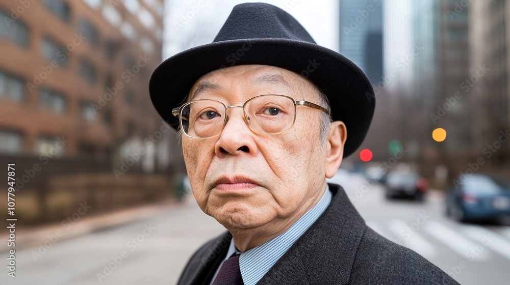 Senior man with glasses and hat poses for a portrait on a city street, showcasing thoughtful expression amidst an urban backdrop with blurred traffic behind him Senior man with glasses and hat poses for a portrait on a city street, showcasing thoughtful expression amidst an urban backdrop with blurred traffic behind him