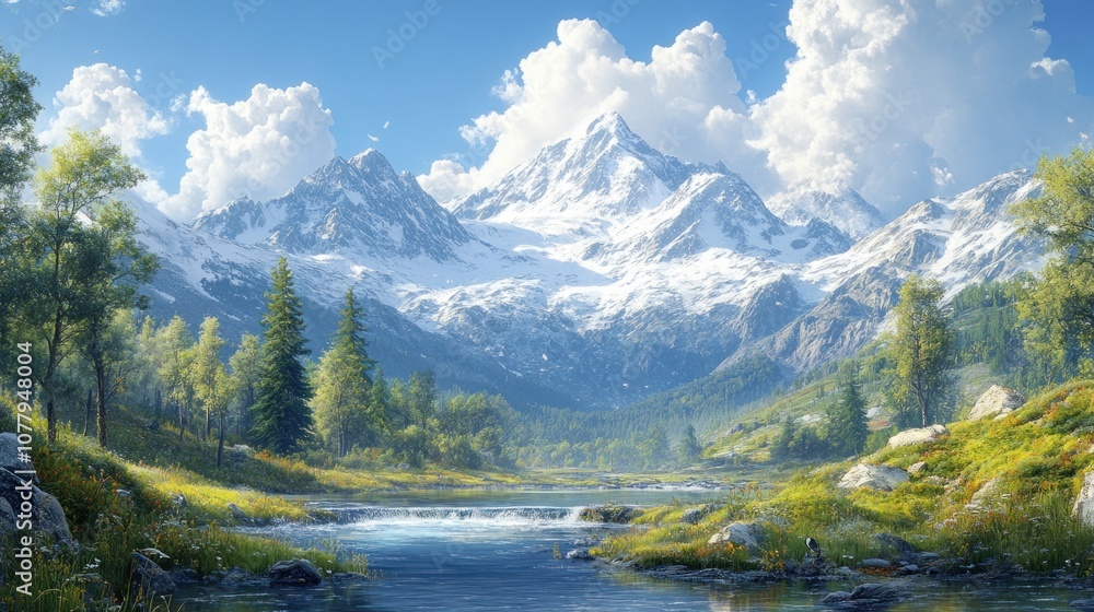Serene mountain landscape with snow-capped peaks and a flowing river. Serene mountain landscape with snow-capped peaks and a flowing river.