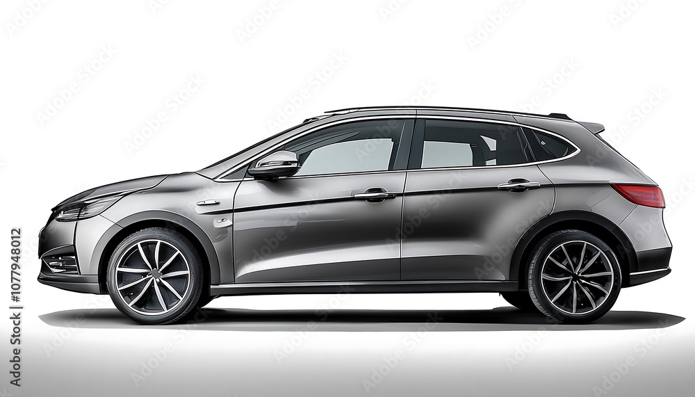 Obraz premium A gleaming silver sports car, isolated on a pristine white background, exudes luxury and speed