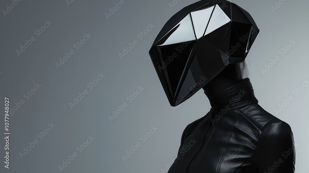 Futuristic black geometric helmet and sleek leather suit against gray backdrop Futuristic black geometric helmet and sleek leather suit against gray backdrop