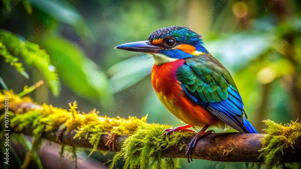 Fototapeta premium Dynamic Macro Photography of a Green and Blue Feathered Bird in a Lush Forest Setting, Celebrating Team Spirit in a Vibrant Nature Scene