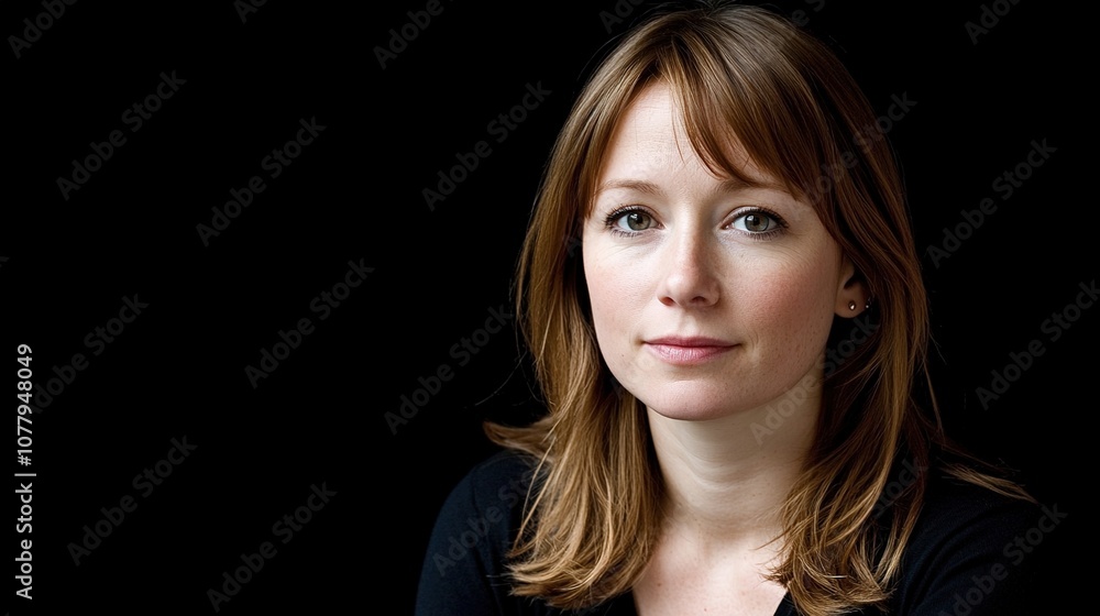 Portrait of a Thoughtful Young Woman with Natural Beauty Against a Dark Background, Showcasing a Calm Expression and Soft Lighting for Editorial Use Portrait of a Thoughtful Young Woman with Natural Beauty Against a Dark Background, Showcasing a Calm Expression and Soft Lighting for Editorial Use
