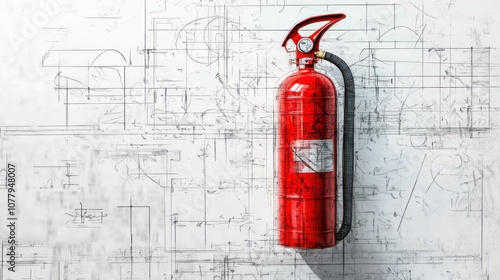 A red fire extinguisher mounted on a wall with technical drawings in the background.