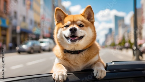 Energetic Shiba Inu leaning out of a car window, ears flapping and tongue out, joyfully embracing the wind on a sunny day, with a vibrant cityscape whizzing by.- photo