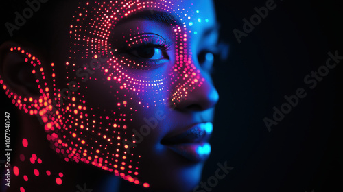 Futuristic digital portrait of a African-American woman with neon dots illuminating her face in darkness