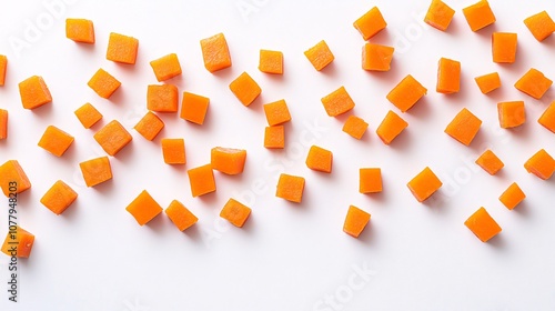 5.Overhead view of diced raw carrots in a scattered arrangement, isolated on a white background. The small, square cubes are vibrant in color, and their neat, geometric shape adds a sense of order photo